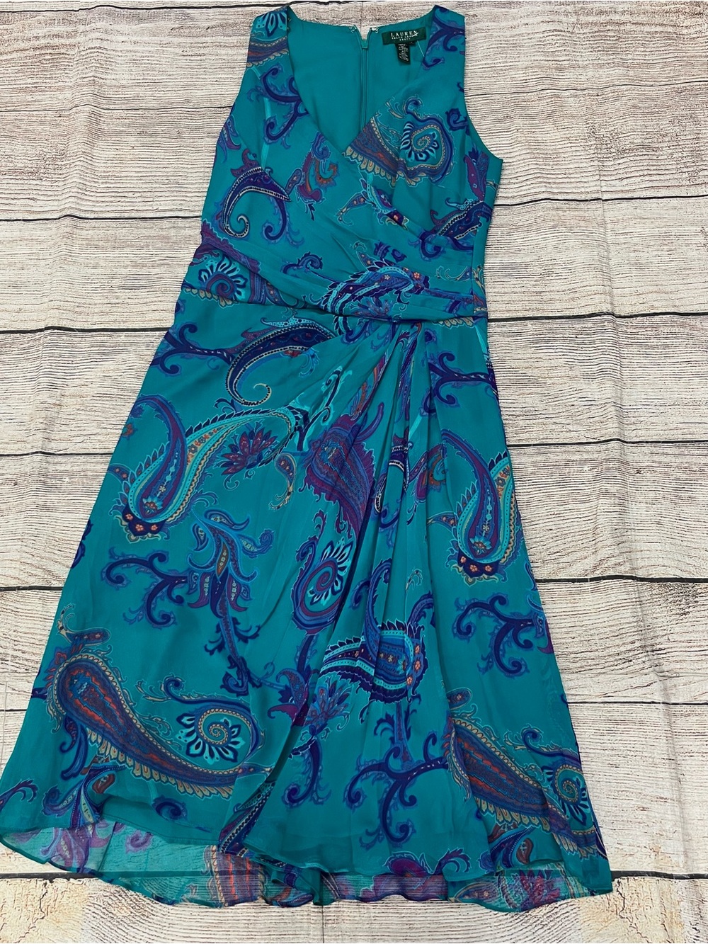 😍 Lauren Ralph Lauren Teal Midi Dress with Purple Paisley Accent size 4 Small